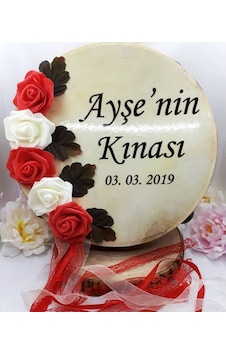 32 Cm Çiçek Süslemeli Kurdelalı Deri Tef Isim Baskılı