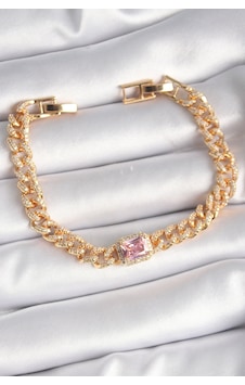 Gold Renk Pembe Kare Zirkon Taşlı Vıp Seri Kadın Bileklik - Ebj241130w29579 Renkli