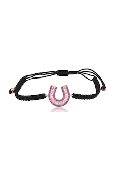 Zirkon Taşlı Pırlanta Montür Rose Altın Kaplama Siyah İpli At Nalı Gümüş Makrome Bileklik Gümüş - Rose Gold Zirkon Taşlı Pırlanta Montür Rose Altın Kaplama Siyah İpli At Nalı Gümüş Makrome Bileklik Gümüş - Rose Gold