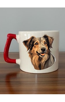 Köpek Baskılı Kırmızı Kulplu Kupa Bardak Beyaz Köpek Baskılı Kırmızı Kulplu Kupa Bardak Beyaz