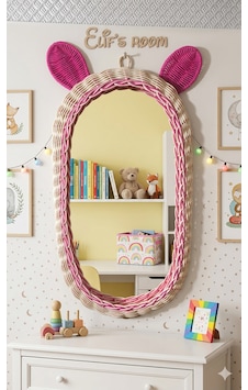 Rattan Bambu Çocuk Odası Pembe Kulaklı Boy Aynası Ekru Rattan Bambu Çocuk Odası Pembe Kulaklı Boy Aynası Ekru