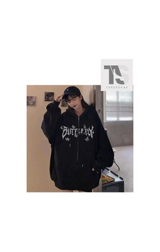 Tarzsokak Butterfly Yazılı Figürlü Sweatshirt Fermuarlı Hırka Siyah Tarzsokak Butterfly Yazılı Figürlü Sweatshirt Fermuarlı Hırka Siyah