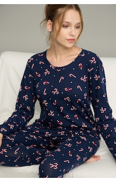 Siyah İnci Şeker Desenli Örme Pamuklu Pijama Takım25240239 Lacivert Siyah İnci Şeker Desenli Örme Pamuklu Pijama Takım25240239 Lacivert