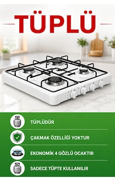Gurkan Ac 400 Lpg Uyumlu Tezgah Set Üstü Tüplü 4 Gözlü Ocak Beyaz
