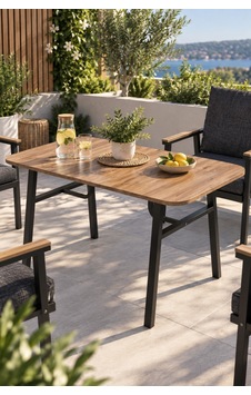 Sulorahome Ahşap Desenli Bahçe Masası Ve Metal Ayaklı Dış Mekan Masası