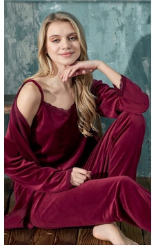 Cotonhause Kadın 3'lü Kadife Bordo Pijama Takımı C1t3n402-1 001 Cotonhause Kadın 3'lü Kadife Bordo Pijama Takımı C1t3n402-1 001