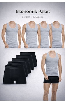 Qulat Erkek Atlet Boxer Seti 10 Lu Ekonomik Paket 5 Atlet + 5 Boxer Pamuklu İç Giyim Gri - Siyah Qulat Erkek Atlet Boxer Seti 10 Lu Ekonomik Paket 5 Atlet + 5 Boxer Pamuklu İç Giyim Gri - Siyah