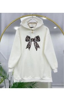 Lovie Moda Kadın Leopar Fiyonk Baskılı Sweatshirt Beyaz