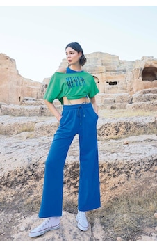 Kısakollu "never Give Up" 3'lü Crop Eşofman Takımı Mavi