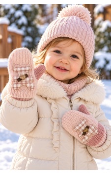 Miniko Kids Kitti 26210-01 Kız 1-3 Tek Parmak Triko Eldiven Pudra