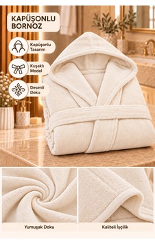 Kapüşonlu Unisex Rashell Bornoz Cepli Yumuşak Dokulu Krem Kapüşonlu Unisex Rashell Bornoz Cepli Yumuşak Dokulu Krem