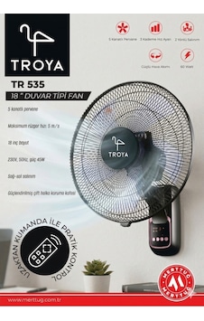 Troya 524 Duvar Tipi 18 İnç Uzaktan Kumandalı Vantilatör Troya 524 Duvar Tipi 18 İnç Uzaktan Kumandalı Vantilatör