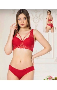 Arona Dantelli Desteksiz Sütyen Takımı 80 Beden Kırmızı