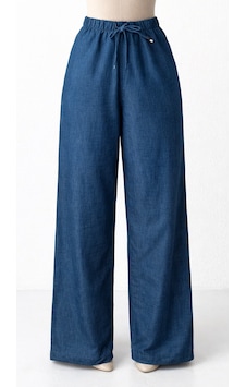 Blue Trend Kadın Düz Renk Yüksek Bel Büzgü Detaylı Pantolon Indigo Blue Trend Kadın Düz Renk Yüksek Bel Büzgü Detaylı Pantolon Indigo
