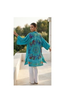 Lila Mare Hint Nakışlı Cotton Kimono Mavi Mavi