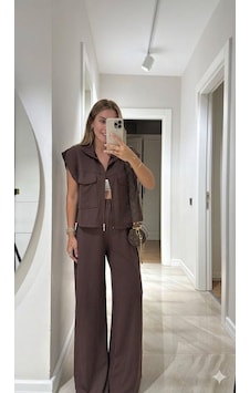 Ecenin Favorileri Kahve Ön Cep Detaylı Yelekli Modal Takım Kahverengi