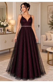 Gül&can Butik Abiye İnce Askili Sirt Ve Goguz Dekokteli Tas Kemerli Abiye Siyah
