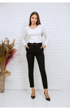 Bluence Beli Kemerli Siyah Dar Paça Pantolon Siyah Bluence Beli Kemerli Siyah Dar Paça Pantolon Siyah