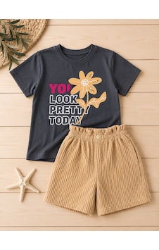 Pollito Kız Çocuk "you Look Pretty Today" Baskılı Tişört Ve Fitilli Kadife Şort İkili Takım Gri - Kahverengi Pollito Kız Çocuk "you Look Pretty Today" Baskılı Tişört Ve Fitilli Kadife Şort İkili Takım Gri - Kahverengi