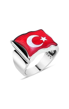 Türkiye Bayraklı Ay Yıldızlı Gümüş Erkek Yüzük 925 Ayar Model Bay