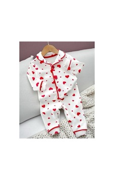 Altıntaş Baby %100 Pamuk Kruvaze Yaka Kalp Desenli Önden Düğmeli Mevsimlik Pijama Takımı Ekru Ekru