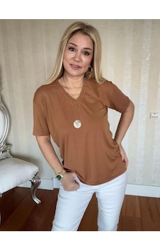 Dogutrend Kadın Kısa Kollu V Yaka Bluz Kiremit