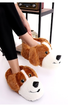 Wordex Hayvanlı H10 Köpekli Kışlık Kadın Erkek Çocuk Panduf Ev Içi Sessiz Taban Panduf Taba