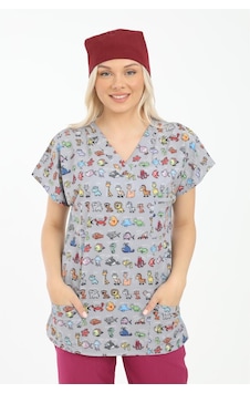 Likralı Cerrahi, Doktor, Hemşire, Veteriner, Dişçi, Desenli, Koyu Renkli Forma Tek Üst Scrubs Hayvanlar