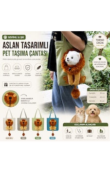 Sevimli Aslan Tasarımlı Kedi Taşıma Çantası Omuz Askılı Bez Çanta