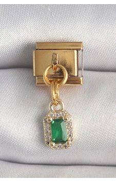316l Çelik Gold Renk Sallantı Kare Yeşil Zirkon Taşlı Charm Gümüş