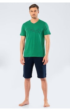 Türen Erkek Baskılı V Yaka Bermuda Şort Pijama Takım Yeşil L