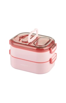 Vagonlife İki Kat Üç Bölme Paslanmaz Çelik Bento Lunch Box Yeni Nesil Sefer Tası Sos Kaseli Pembe 1000 ML Pembe