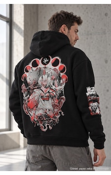 Polo State Erkek Kitsune Anime Baskılı Oversize 3 İplik Şardonlu Kapüşonlu Sweatshirt Siyah Polo State Erkek Kitsune Anime Baskılı Oversize 3 İplik Şardonlu Kapüşonlu Sweatshirt Siyah