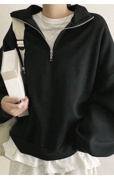 Ghassy Co. Kadın Pamuklu Oversize Silver Yarım Fermuarlı Sweatshirt Siyah Ghassy Co. Kadın Pamuklu Oversize Silver Yarım Fermuarlı Sweatshirt Siyah
