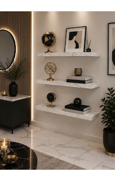 3 Lü Mermer Desenli Duvar Rafı Dekoratif Yüzer Raf Seti Modern Tasarım 60-60-60 Beyaz