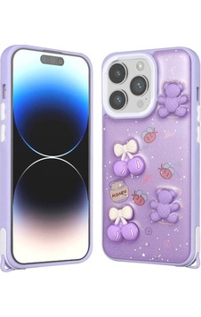 Apple Uyumlu iPhone 14 Pro Kılıf Parlayan Simli Kabartma Figürlü Zore Cevze Kapak Mor Ayı Apple Uyumlu iPhone 14 Pro Kılıf Parlayan Simli Kabartma Figürlü Zore Cevze Kapak Mor Ayı