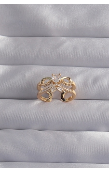 Pirinç Ayarlamalı Gold Renk Zirkon Taşlı 2li Görünüm Fiyonk Yüzük Alithestereo