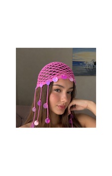 Kadın El Emeği Pullu File Bandana Şapka Saç Bandı Pembe Pembe