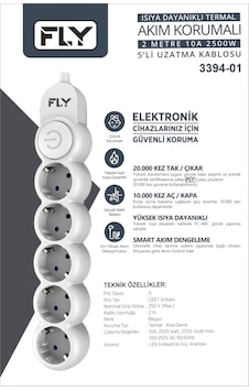 Fly 3394-01 5 Soket Akım Korumalı Priz 2.1a Anahtarlı 2mt Kablo Beyaz 2 M Fly 3394-01 5 Soket Akım Korumalı Priz 2.1a Anahtarlı 2mt Kablo Beyaz 2 M