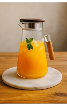 Akasya Ahşap Saplı Cam Sürahi 1.7 L Borosilikat Cam Gövde, Modern Sunum