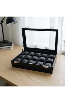 Premium 15 Yuvalı Tamamen Deri Kaplama Cam Kapaklı Şık Tasarım Saat Saklama Kutusu Ebat 34x24x8 Cm Siyah