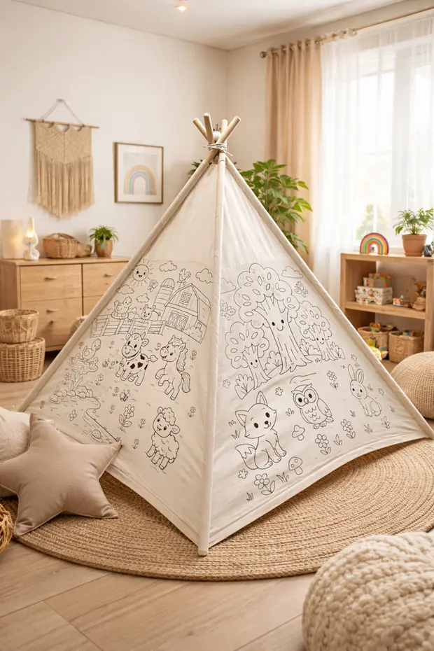 Conconbebe Boyama Resimli Çocuk Oyun Çadırı Oyun Evi Krem