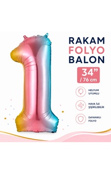 1 Rakam Folyo Balon Gökkuşağı Doğum Günü Parti Balonu 34 İnç 76 Cm Çok Renkli