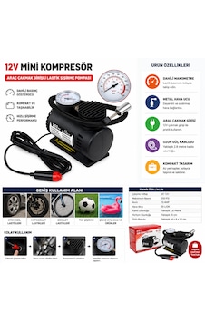 12v Mini Hava Kompresörü Araç Çakmak Girişli Lastik Şişirme Pompası