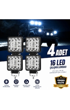 4 Adet 16 Ledli Çalışma Lambası 12-24v 48w Offroad. Projektör Geri Vites Lambası Motosiklet Dorse Tır Traktör İş Makinesi Tekne Uyumlu 10,7 Cm 10,7 Cm 1,6 Cm 50W Beyaz