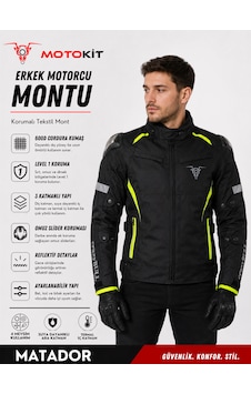 Motokit Crazybull Matador Neon Sarı Erkek 4 Mevsim 3 Katmanlı Korumalı Reflektörlü Motosiklet Montu