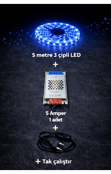 3 Çipli 5 Metre Beyaz Let + 5 Amper Trafo Set Mavi 3 Çipli 5 Metre Beyaz Let + 5 Amper Trafo Set Mavi
