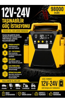 Merwishakü Takviye Cihazı 98000mah 12v 24v Taşınabilir Güç İstasyonu Powerbank Led Işıklı Merwishakü Takviye Cihazı 98000mah 12v 24v Taşınabilir Güç İstasyonu Powerbank Led Işıklı