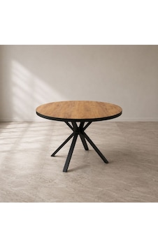 Modern Yuvarlak Yemek Masası Ahşap Desenli Siyah Metal Yıldız Ayak 90x90 Modern Yuvarlak Yemek Masası Ahşap Desenli Siyah Metal Yıldız Ayak 90x90
