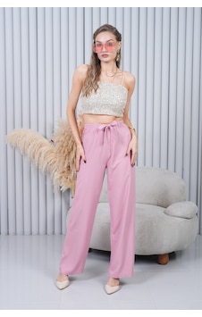 Polologin Butik Beli Bağcıklı Yüksek Bel Bol Paça Pudra Pantolon Pembe Polologin Butik Beli Bağcıklı Yüksek Bel Bol Paça Pudra Pantolon Pembe